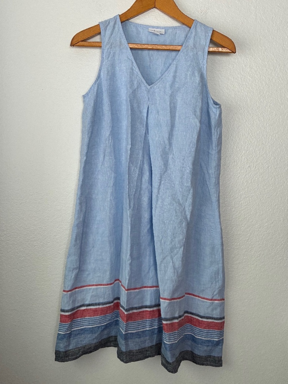 J Jill Love Linen 100% Linen Blue Sleeveless V Neck Stripe Hem Casual Dress XS